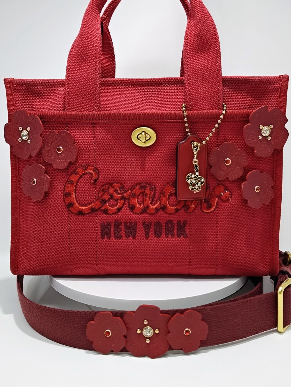 Coach 2025 Lunar New Year Cargo Tote 26 Upcrafted leather flowers. Red/Gold.